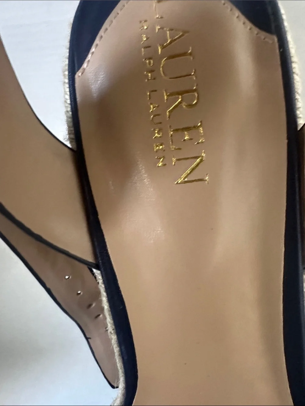 BRAND NEW! Ralph Lauren Navy Leather Espadrille Wedge Sandals